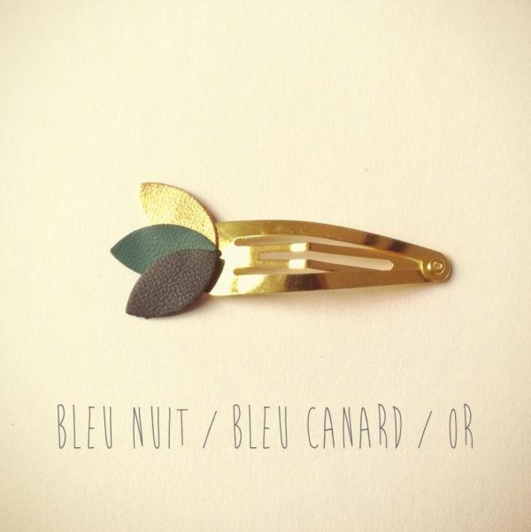 Barrettes “feuilles” –  Bleu nuit / bleu canard / or