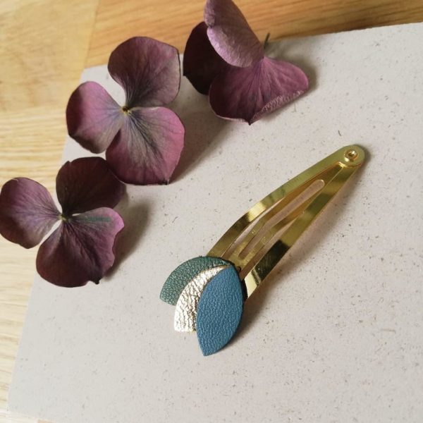 Barrettes "feuilles" - Bleu canard/or/vert sapin